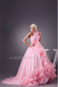 Satin Fine Netting One-Shoulder A-Line Sleeveless Pink Wedding Dresses 2030840