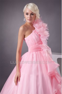 Satin Fine Netting One-Shoulder A-Line Sleeveless Pink Wedding Dresses 2030840
