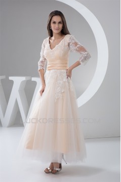 A-Line Satin Lace 3/4 Length Sleeve V-Neck Lace Reception Wedding Dresses 2030848
