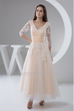 A-Line Satin Lace 3/4 Length Sleeve V-Neck Lace Reception Wedding Dresses 2030848