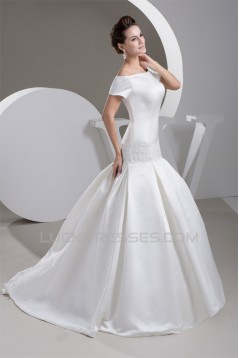 Satin Square Sleeveless A-Line Beaded Off-the-Shoulder Wedding Dresses 2030853