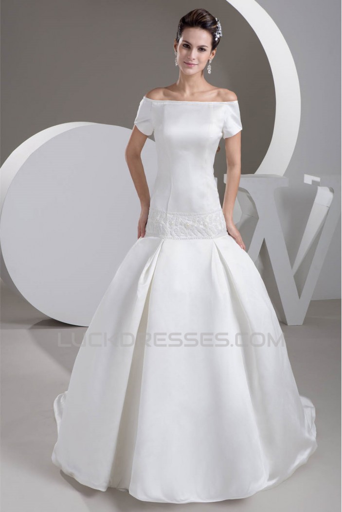 Satin Square Sleeveless A-Line Beaded Off-the-Shoulder Wedding Dresses 2030853