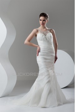 Satin Organza Scoop Sleeveless Mermaid/Trumpet Beaded Wedding Dresses 2030865