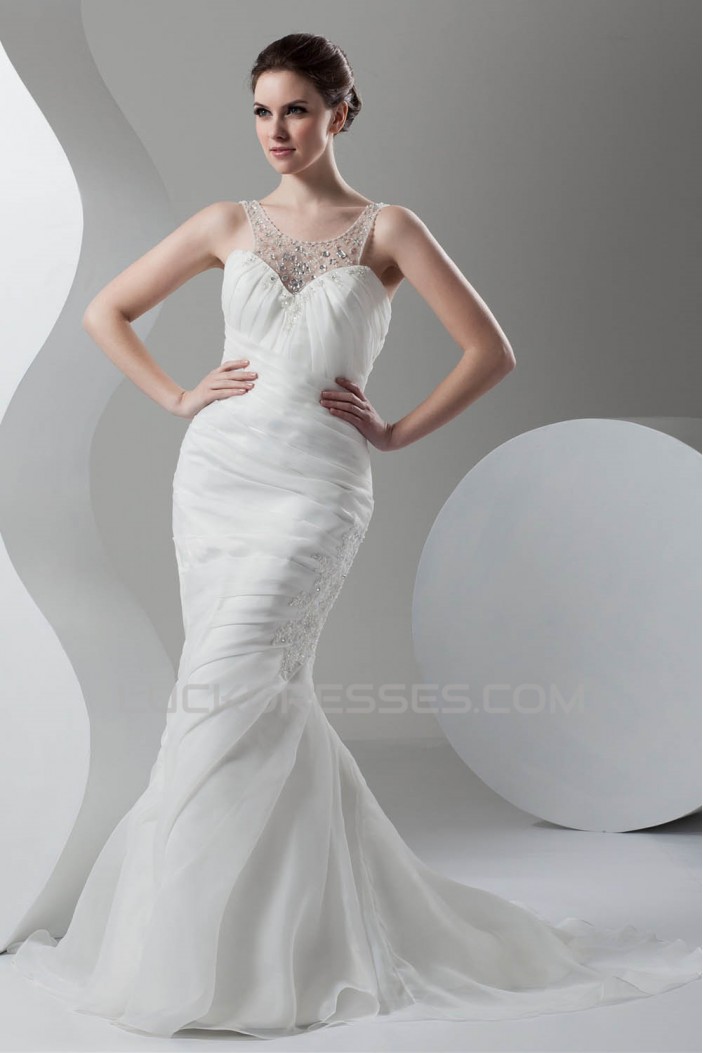 Satin Organza Scoop Sleeveless Mermaid/Trumpet Beaded Wedding Dresses 2030865