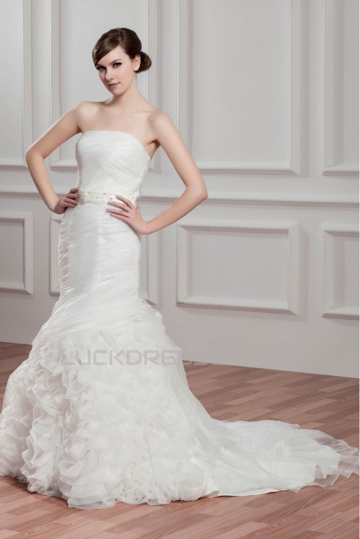 Satin Organza Strapless Mermaid/Trumpet Beaded Wedding Dresses 2030868
