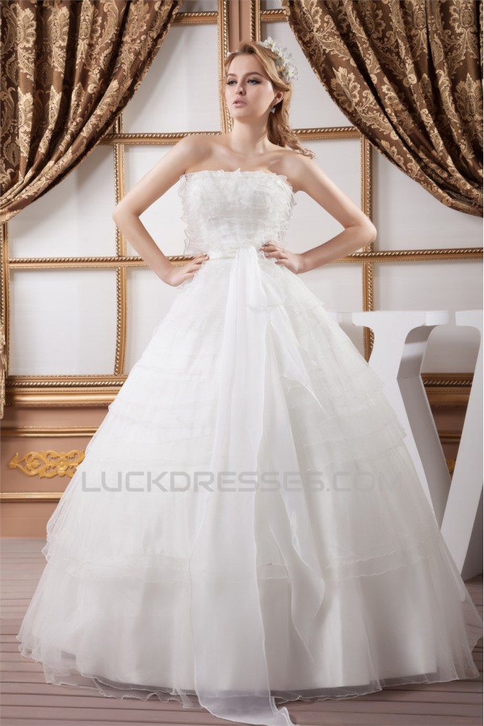 Ball Gown Satin Organza Strapless Sleeveless Princess Floor-Length Wedding Dresses 2030869