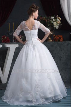 Ball Gown Satin Organza V-Neck Half Elbow Sleeve Floor-Length Wedding Dresses 2030873