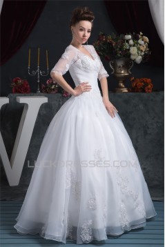 Ball Gown Satin Organza V-Neck Half Elbow Sleeve Floor-Length Wedding Dresses 2030873