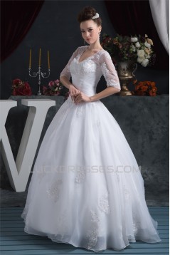 Ball Gown Satin Organza V-Neck Half Elbow Sleeve Floor-Length Wedding Dresses 2030873