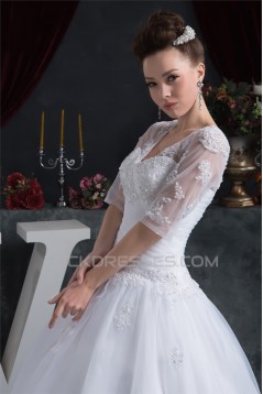 Ball Gown Satin Organza V-Neck Half Elbow Sleeve Floor-Length Wedding Dresses 2030873