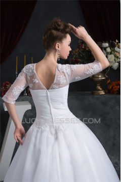 Ball Gown Satin Organza V-Neck Half Elbow Sleeve Floor-Length Wedding Dresses 2030873
