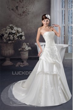 A-Line Sleeveless Satin Strapless Lace Wedding Dresses 2030879