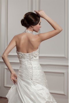 Satin Taffeta Halter A-Line Sleeveless Beaded Lace Wedding Dresses 2030886