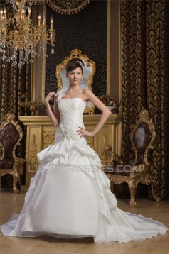 Satin Taffeta Sleeveless A-Line One-Shoulder Sweet Wedding Dresses 2030888