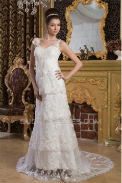 Sheath/Column Satin Fine Netting Sleeveless Beaded Lace Wedding Dresses 2030898