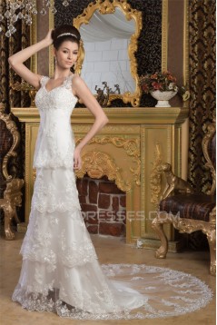 Sheath/Column Satin Fine Netting Sleeveless Beaded Lace Wedding Dresses 2030898