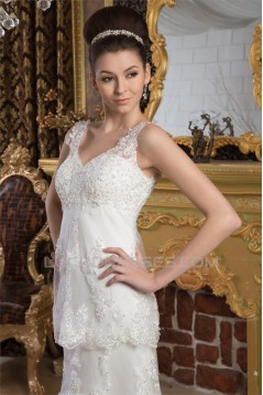 Sheath/Column Satin Fine Netting Sleeveless Beaded Lace Wedding Dresses 2030898