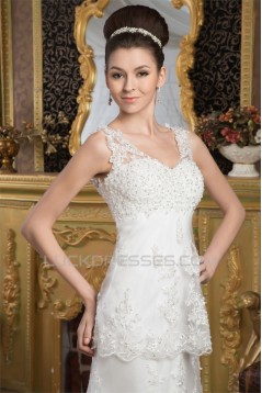 Sheath/Column Satin Fine Netting Sleeveless Beaded Lace Wedding Dresses 2030898