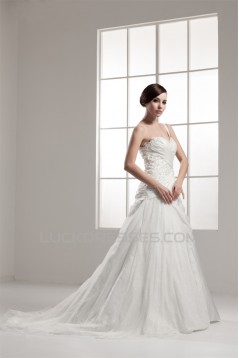 A-Line One-Shoulder Sleeveless Satin Taffeta Lace Wedding Dresses 2030906