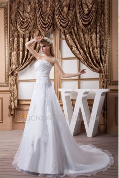 A-Line Satin Organza Strapless Beaded Lace Wedding Dresses 2030907