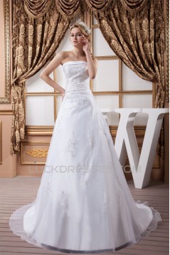 A-Line Satin Organza Strapless Beaded Lace Wedding Dresses 2030907