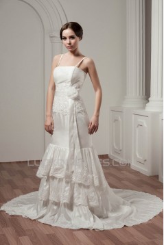 A-Line Satin Taffeta Lace Spaghetti Straps Sweet Wedding Dresses 2030908