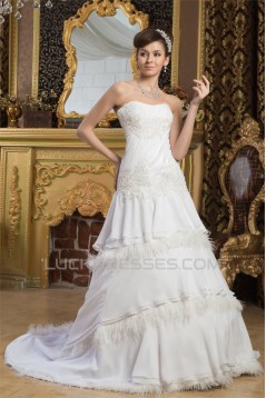 A-Line Strapless Chiffon Satin Feathers Most Beautiful Wedding Dresses 2030919