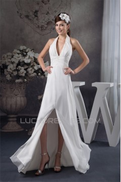 Sheath/Column Halter Chiffon Brush Sweep Train Beaded Wedding Dresses 2030920