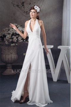 Sheath/Column Halter Chiffon Brush Sweep Train Beaded Wedding Dresses 2030920
