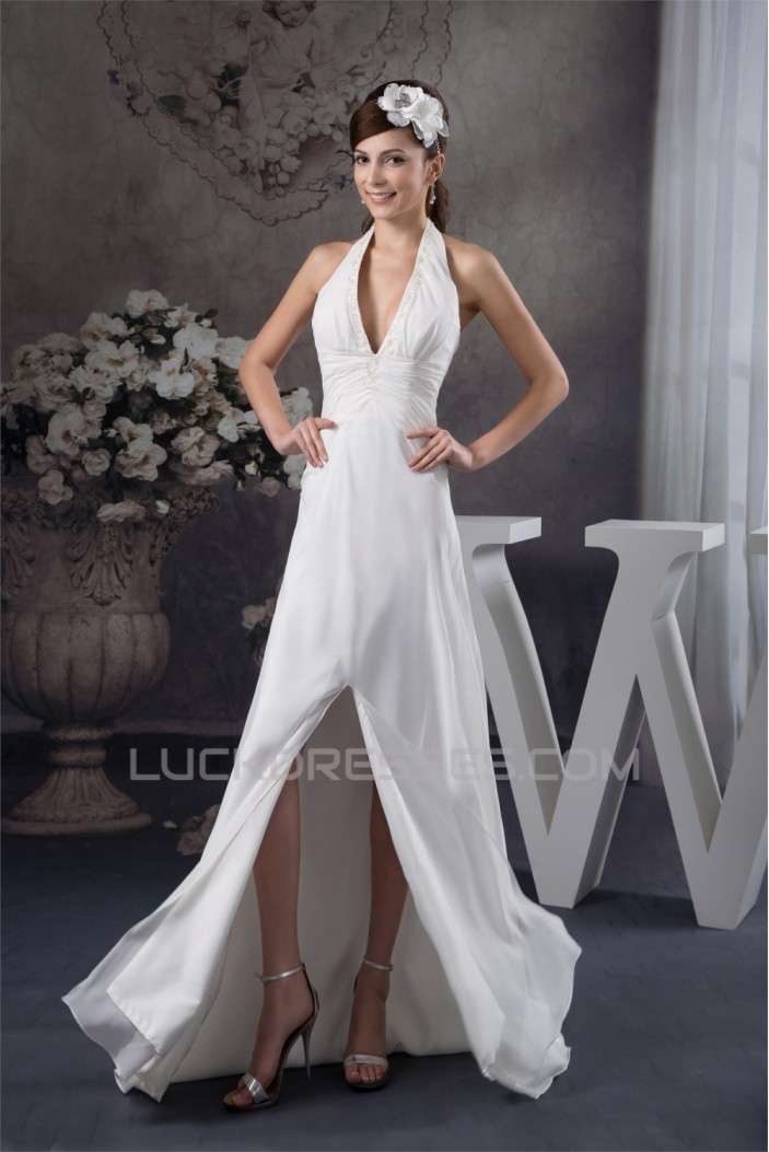 Sheath/Column Halter Chiffon Brush Sweep Train Beaded Wedding Dresses 2030920