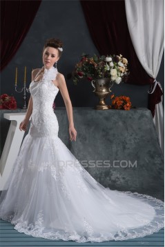Sleeveless Halter Mermaid/Trumpet Satin Organza Lace Wedding Dresses 2030923