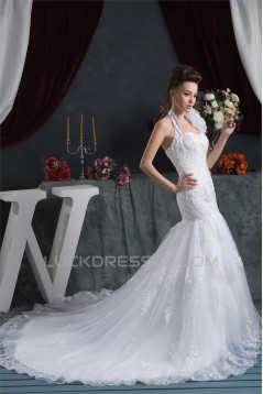 Sleeveless Halter Mermaid/Trumpet Satin Organza Lace Wedding Dresses 2030923