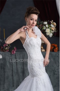 Sleeveless Halter Mermaid/Trumpet Satin Organza Lace Wedding Dresses 2030923