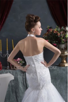 Sleeveless Halter Mermaid/Trumpet Satin Organza Lace Wedding Dresses 2030923