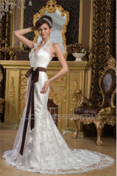 Mermaid/Trumpet Sleeveless Satin Lace Halter Sweet Wedding Dresses 2030926