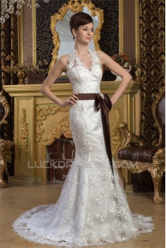 Mermaid/Trumpet Sleeveless Satin Lace Halter Sweet Wedding Dresses 2030926