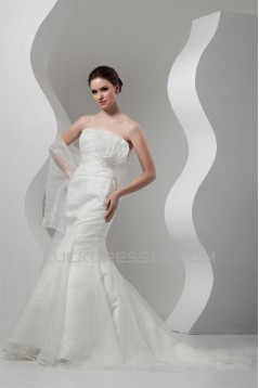 Sleeveless Satin Lace Organza Mermaid/Trumpet Beaded Wedding Dresses 2030940