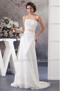 Sheath/Column Strapless Sweep Train Beaded Lace Wedding Dresses 2030950