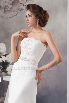 Sheath/Column Strapless Sweep Train Beaded Lace Wedding Dresses 2030950