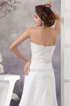 Sheath/Column Strapless Sweep Train Beaded Lace Wedding Dresses 2030950