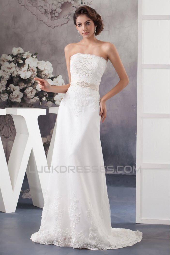 Sheath/Column Strapless Sweep Train Beaded Lace Wedding Dresses 2030950