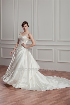 Sleeveless Sheer Satin Fine Netting A-Line Wedding Dresses 2030954