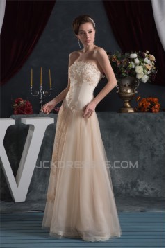 A-Line Sleeveless Strapless Satin Fine Netting Lace Floor-Length Wedding Dresses 2030961
