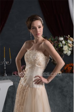 A-Line Sleeveless Strapless Satin Fine Netting Lace Floor-Length Wedding Dresses 2030961