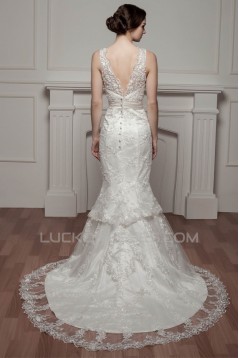 Trumpet/Mermaid V-Neck Beaded Lace Wedding Dresses 2030962