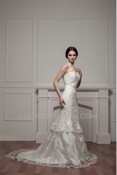 Trumpet/Mermaid V-Neck Beaded Lace Wedding Dresses 2030962