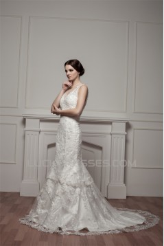 Trumpet/Mermaid V-Neck Beaded Lace Wedding Dresses 2030962
