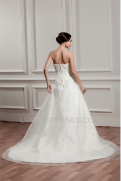 A-Line Sleeveless Strapless Satin Beaded Lace Wedding Dresses 2030963