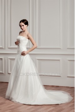 A-Line Sleeveless Strapless Satin Beaded Lace Wedding Dresses 2030963