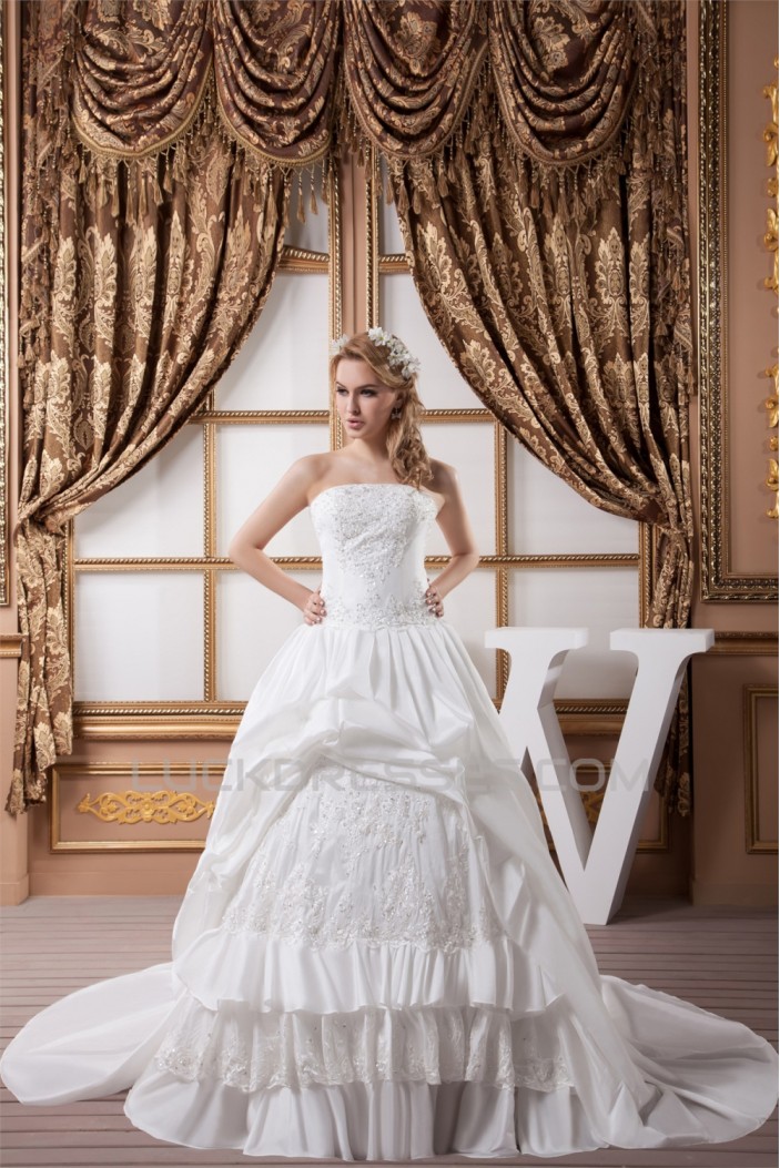 Sleeveless Strapless Satin Taffeta Ball Gown Lace Wedding Dresses 2030969